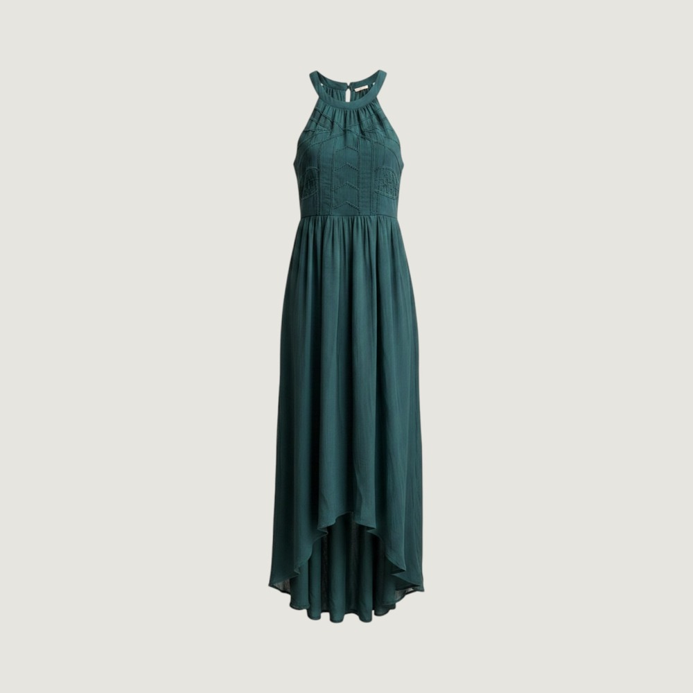 ModCloth Teal Green Halter Maxi Dress Embroidered Chiffon High Low Size Small